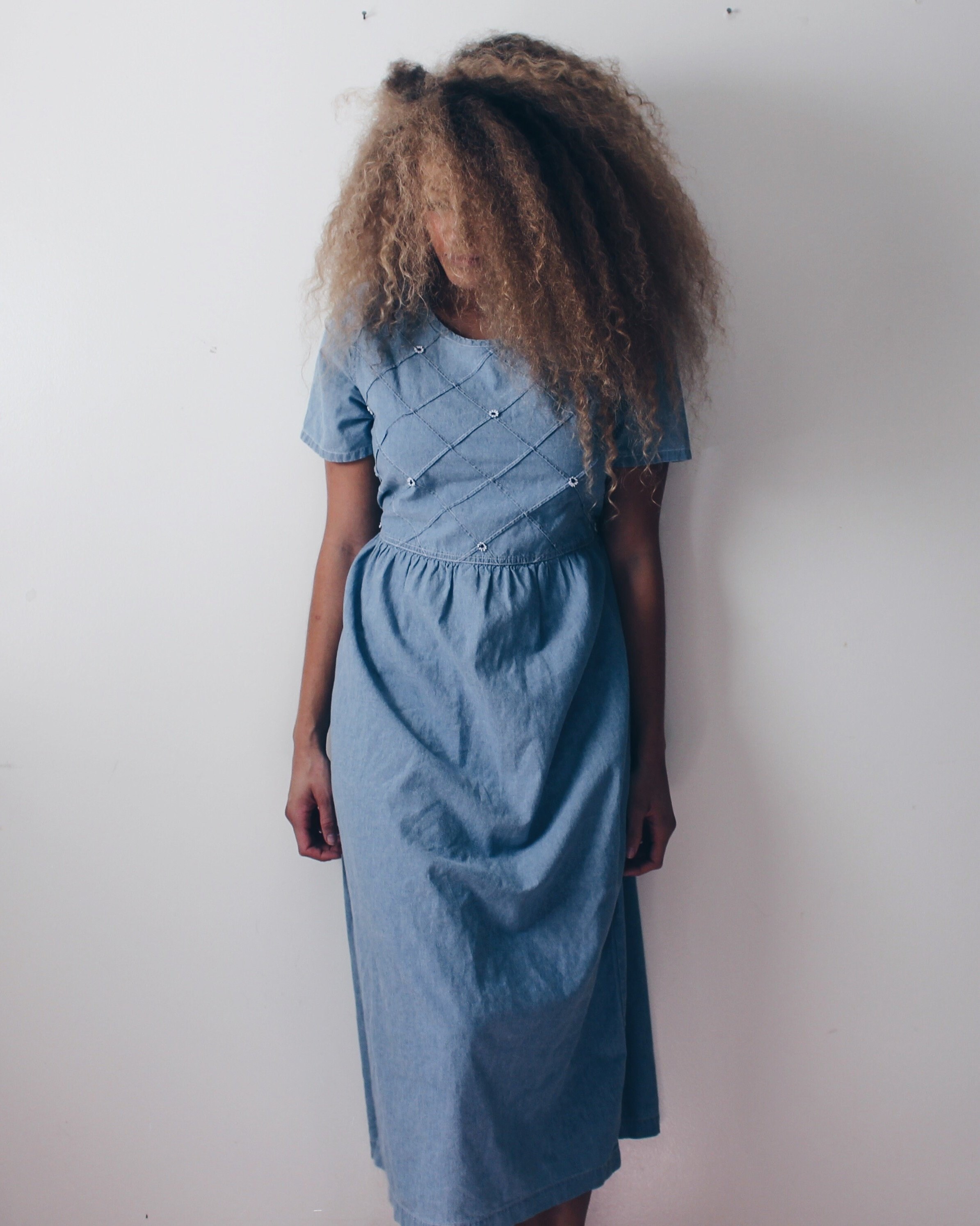 short sleeve denim midi dress