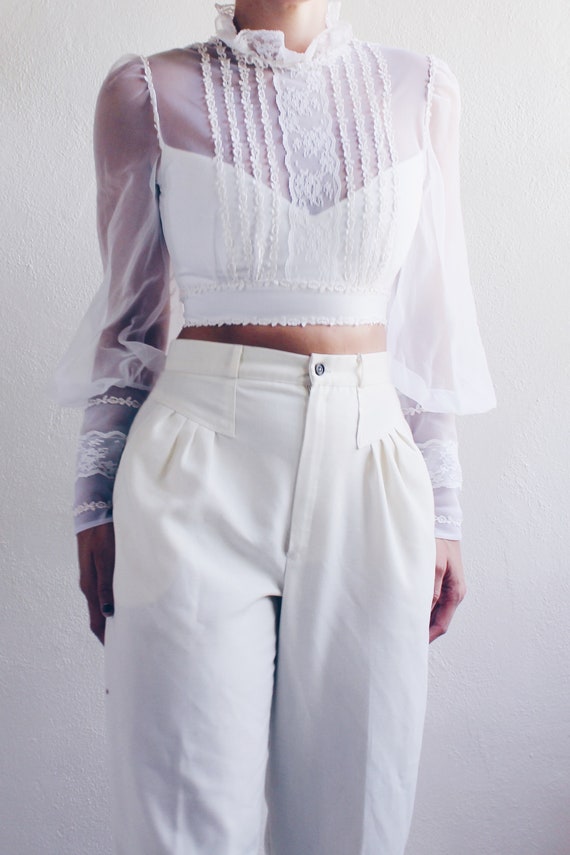 White cottagecore blouse / reworked lace up puff … - image 5