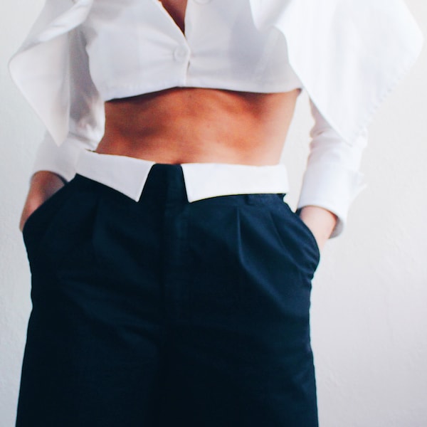 Androgynous Formal: Upcycled Black Pleated Shorts with Attached White Shirt Collar