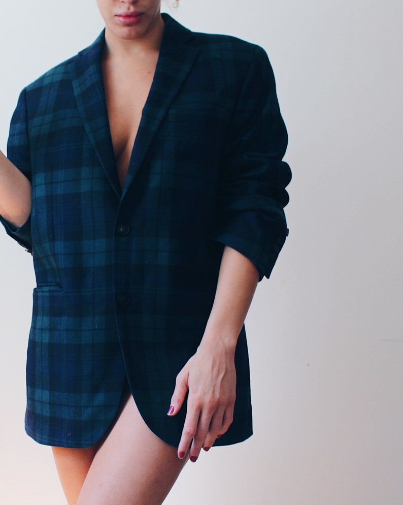 Dark Green and Blue Plaid Blazer 70s Business Suit Jacket striped prep school coat