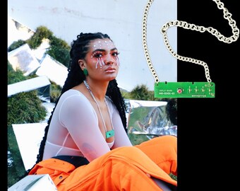 Futuristic Cyber Core Accessory: Green Circuit Board Upcycled White Chain Necklace