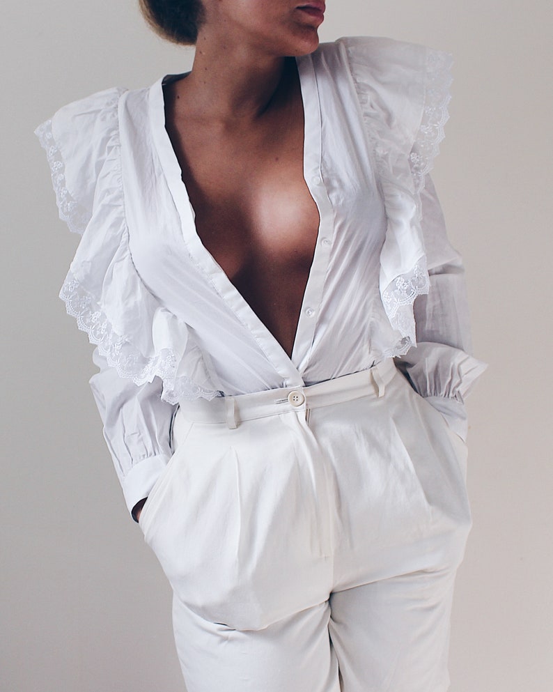 White Edwardian cotton blouse Victorian Bertha Collar Blouse Wide collar trim Edwardian Lace shirt