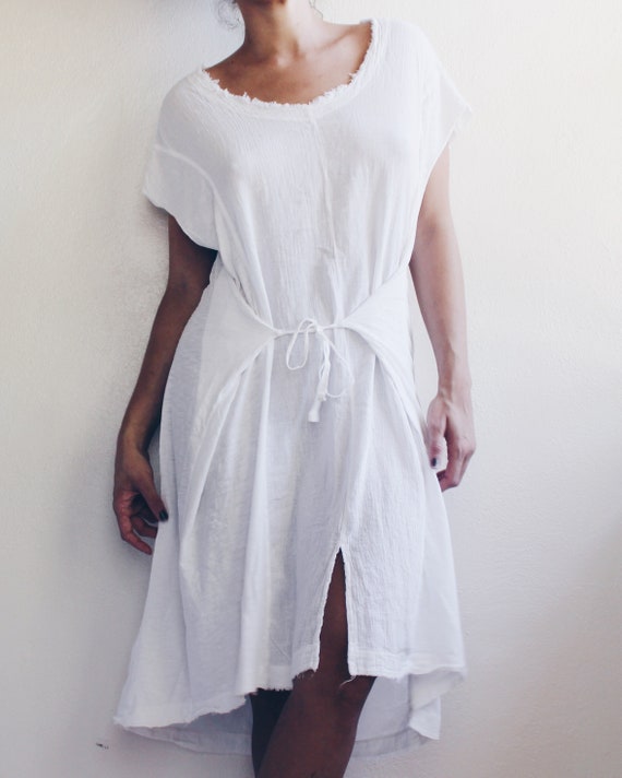 White Gauze Short Sleeve Wrap Dress / White Cotto… - image 1