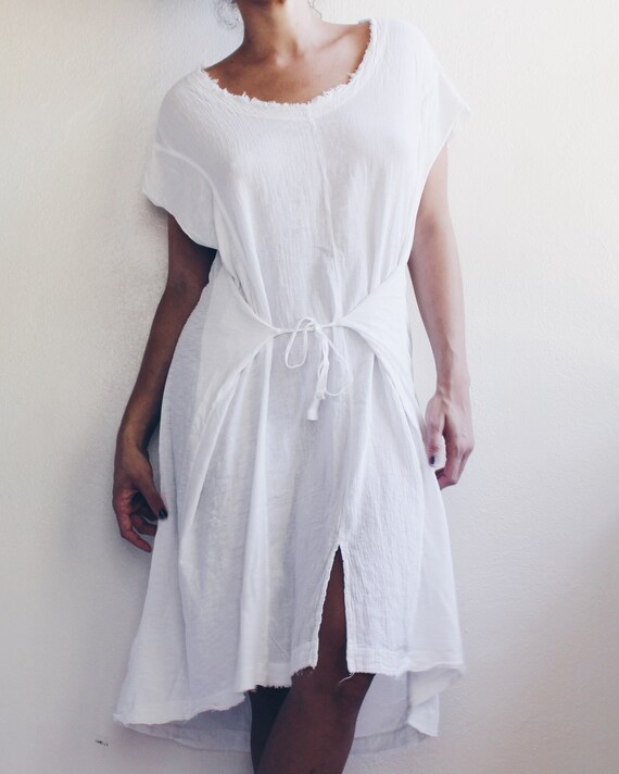 White Gauze Short Sleeve Wrap Dress / White Cotton Sp… Gem