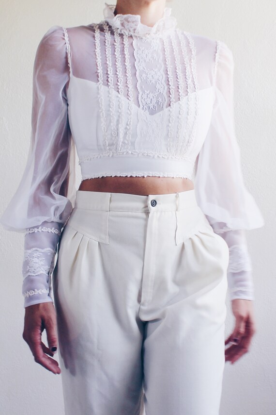 White cottagecore blouse / reworked lace up puff … - image 4