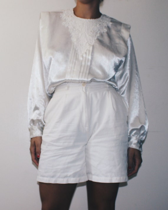 Ivory silky 80s blouse / long sleeve elegant even… - image 1