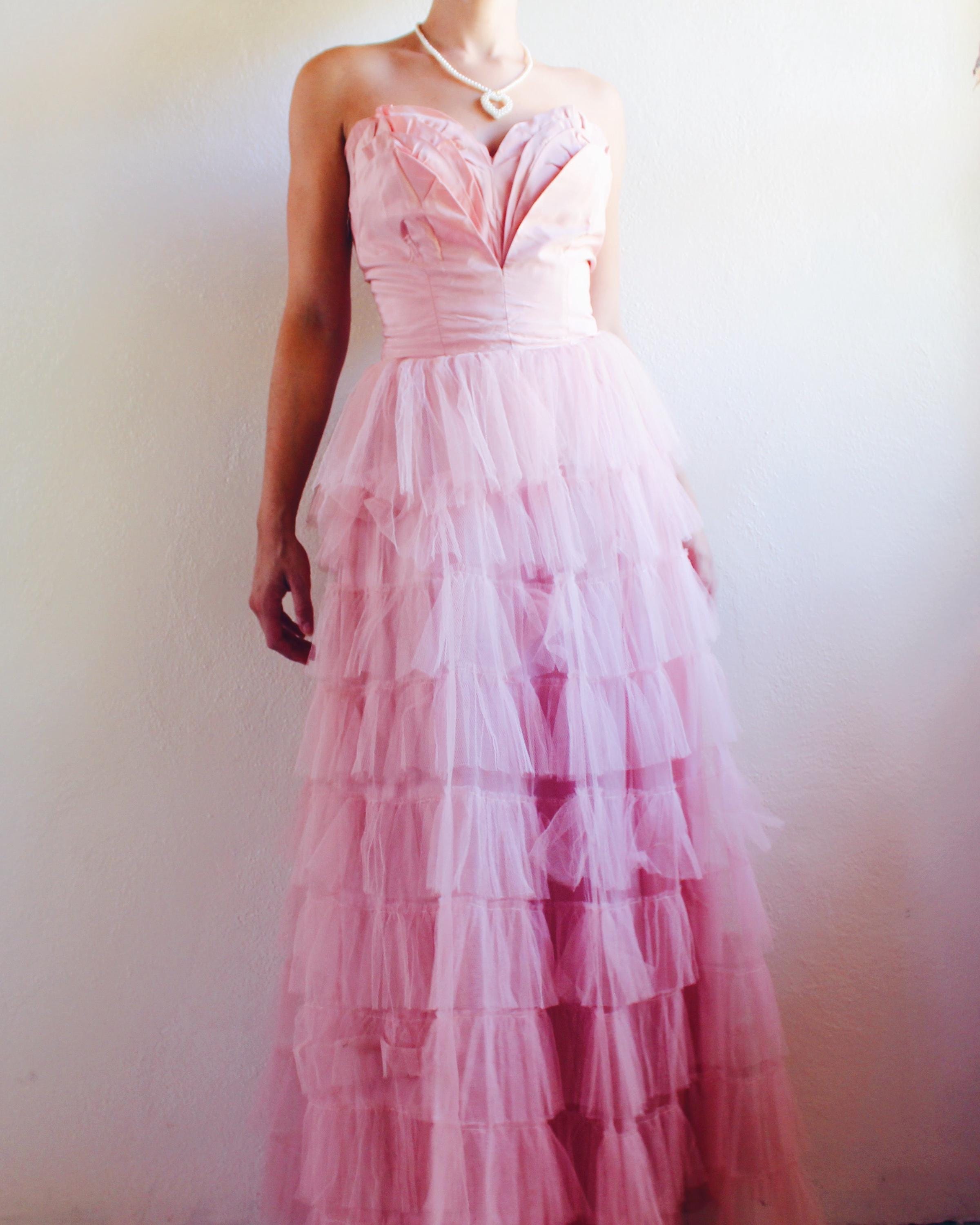 open lace back dress Late 50s/ Early 60s Tulle Strapless Formal Dress