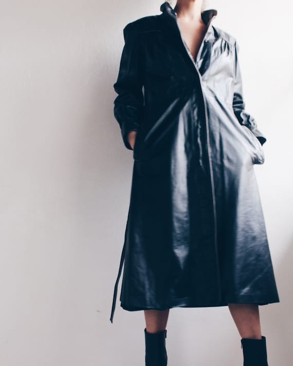 90s Black Leather Trenchcoat / Long Black Leather… - image 3