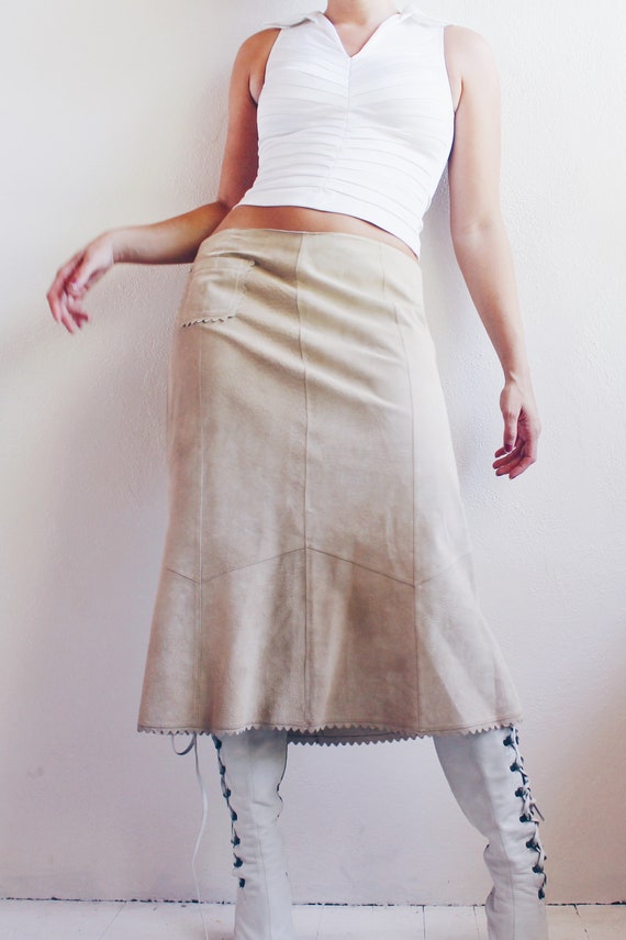 Khaki leather patchwork skirt / low waisted midi l