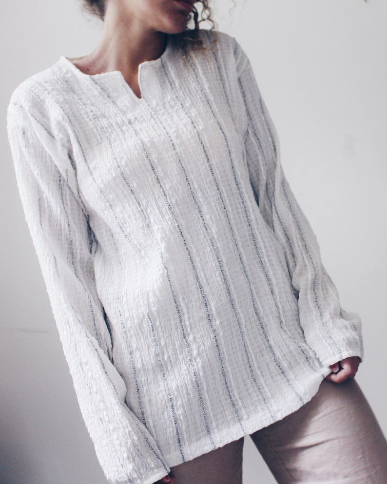 Striped summer tunic bohemian light Henley shirt Long Sleeve striped blouse