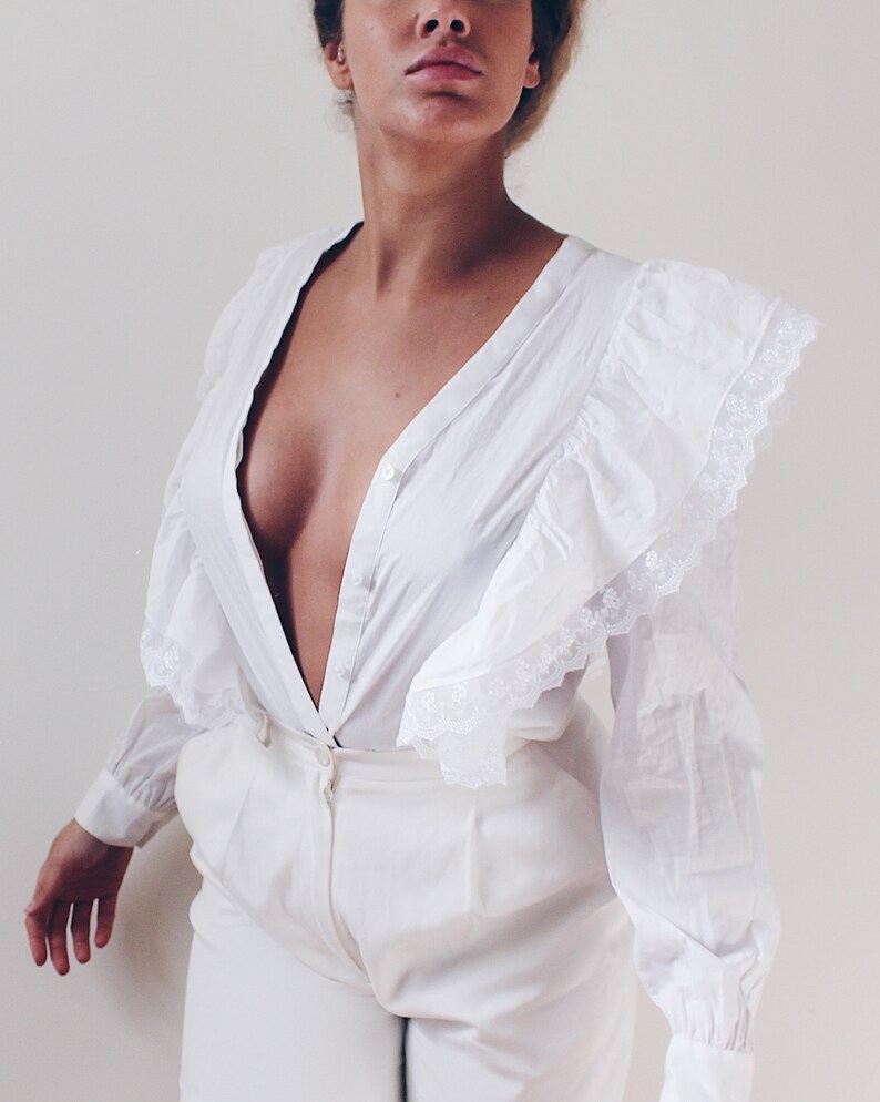 White Edwardian cotton blouse Victorian Bertha Collar Blouse Wide collar trim Edwardian Lace shirt