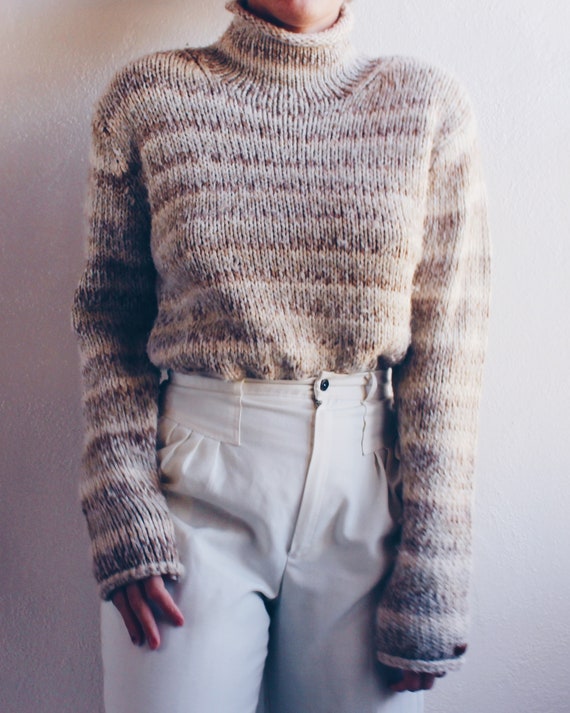Striped Knit Wool Sweater / Beige Stripe Turtlene… - image 10