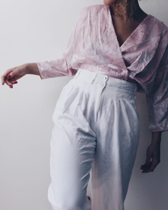 Pink Pleated silky Blouse / large Pearl peplum blo