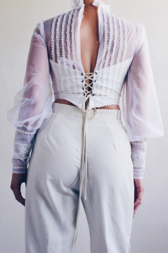 White cottagecore blouse / reworked lace up puff … - image 10