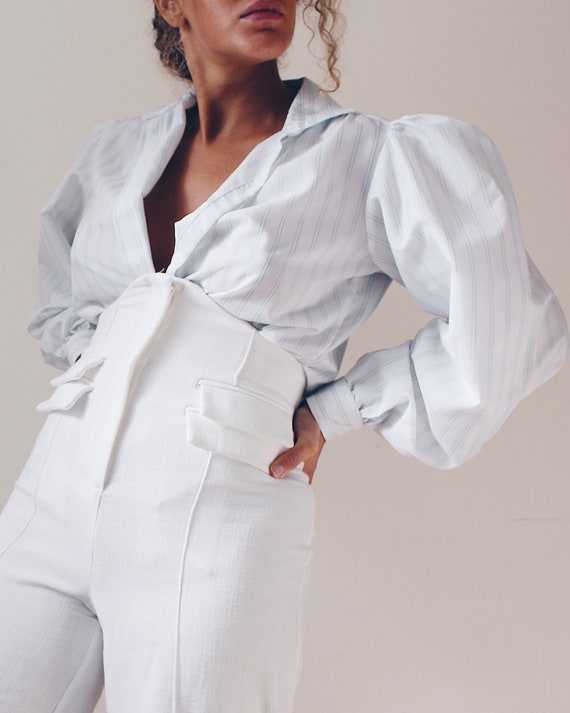 Striped Puffy Sleeve Victorian Blouse / White Edwa