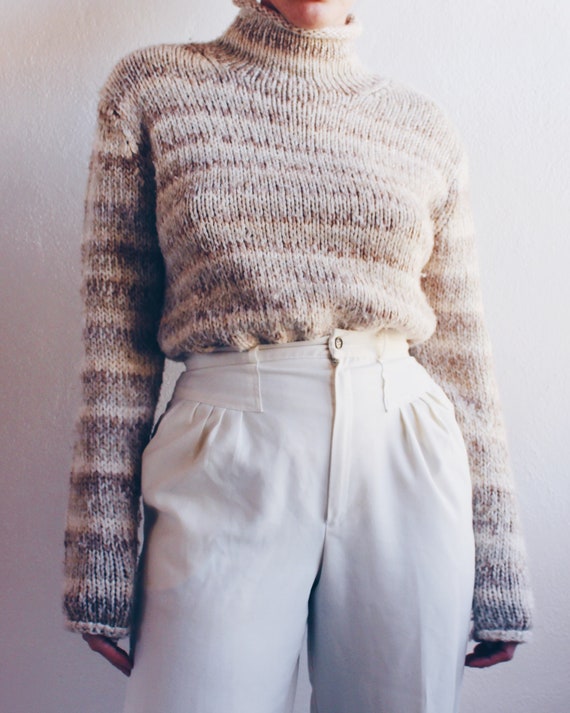 Striped Knit Wool Sweater / Beige Stripe Turtlene… - image 1