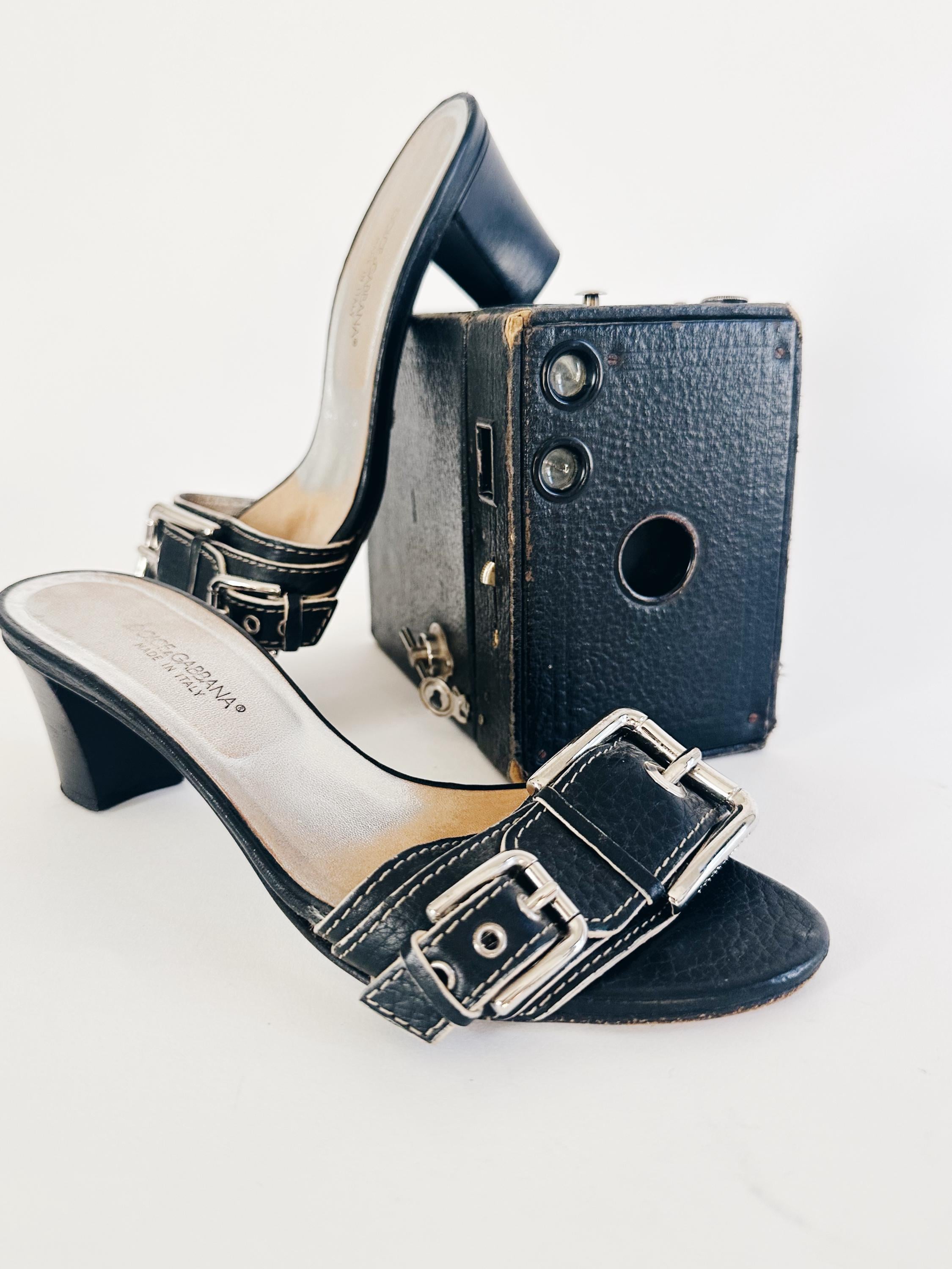 Vintage Dolce & Gabbana Kitten Heel Sandals - Black Leather Buckle…