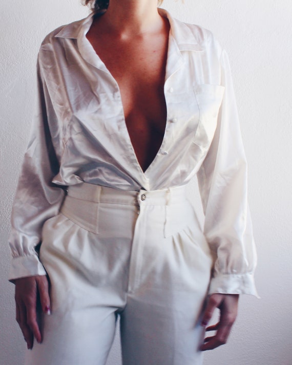 Ivory liquid Silky Blouse / Shiny Metallic White … - image 5