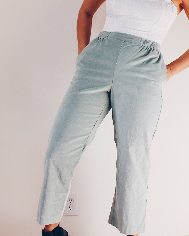 Mint Velvet Cord Pants Green Corduroy Pants Velvet Trousers Androgynous Fashion 90s elastic waist corduroy Slacks