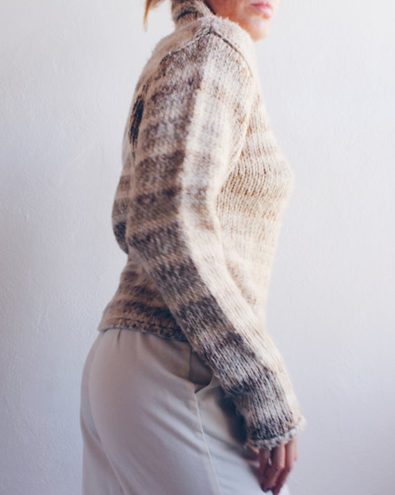 Striped Knit Wool Sweater / Beige Stripe Turtlene… - image 4