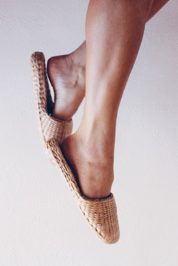 Woven straw sandals / raffia shoes, bamboo thai m… - image 1