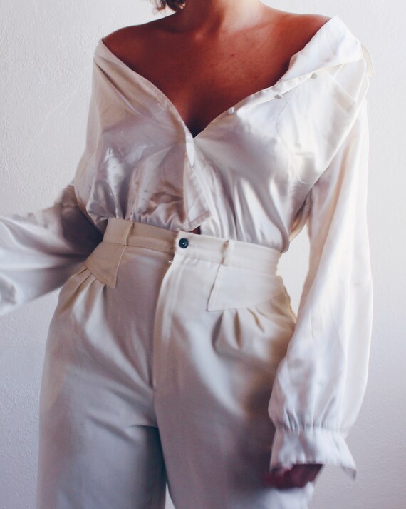 Ivory liquid Silky Blouse / Shiny Metallic White … - image 7