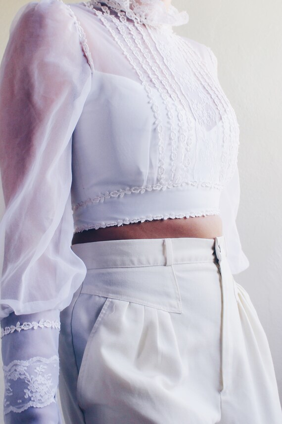 White cottagecore blouse / reworked lace up puff … - image 8