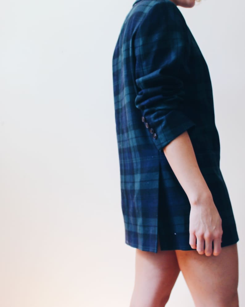 Dark Green and Blue Plaid Blazer 70s Business Suit Jacket striped prep school coat