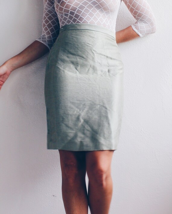 Vintage Green Silk Skirt  / high waisted light gr… - image 3