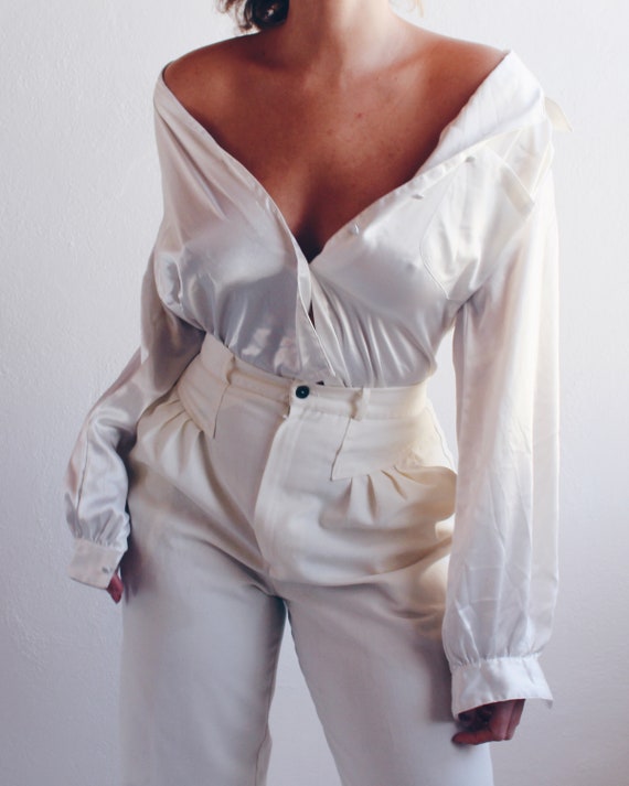 Ivory liquid Silky Blouse / Shiny Metallic White … - image 3