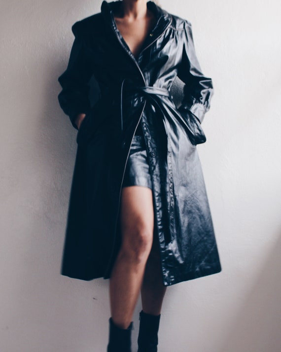 90s Black Leather Trenchcoat / Long Black Leather… - image 8