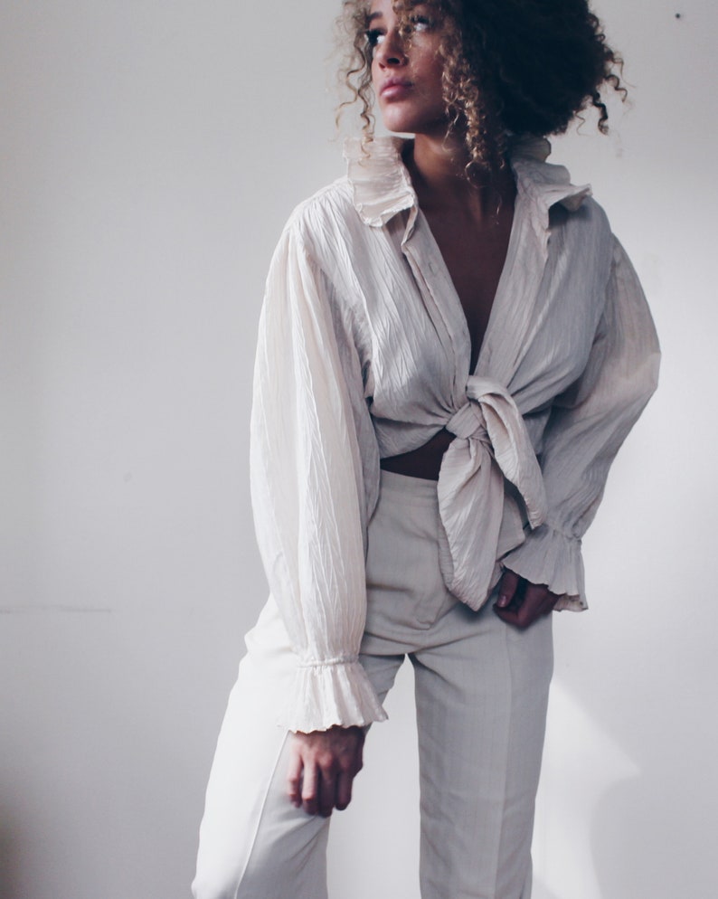 Textured Ruffled Blouse / Large Wheat Renaissance peasant blouse / Victorian statement blouse / Ruffled Prince Shirt image 4