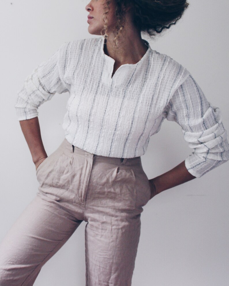 Striped summer tunic bohemian light Henley shirt Long Sleeve striped blouse