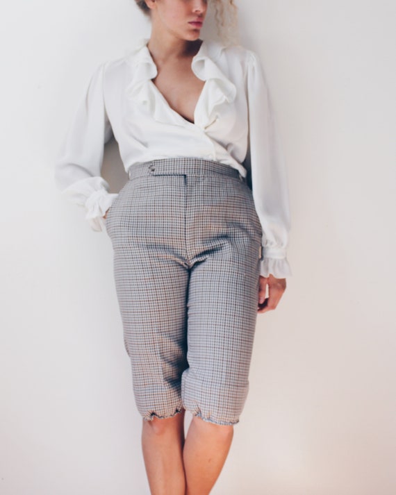 High Waisted Jodhpurs / Brown Check Wool Pedal Pushers / Adjustable Plaid  Capri Pants / 1920s Androgynous Slacks / Business Suit Trousers 