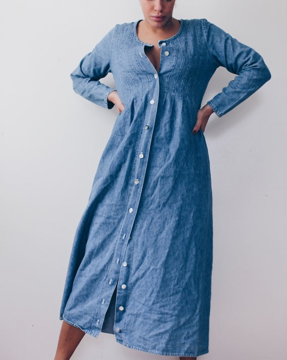 Denim Maxi dress / Button up jean dress / long Sl… - image 3