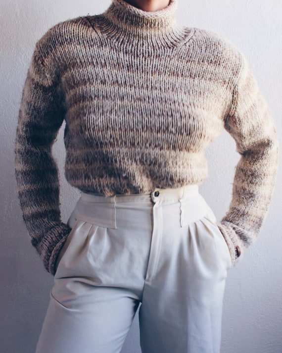 Striped Knit Wool Sweater / Beige Stripe Turtlene… - image 8