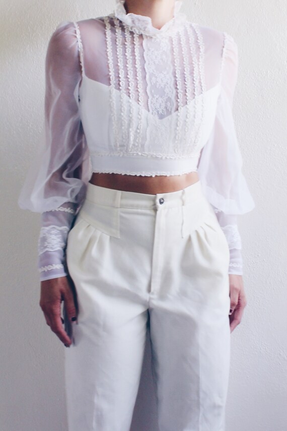 White cottagecore blouse / reworked lace up puff … - image 1