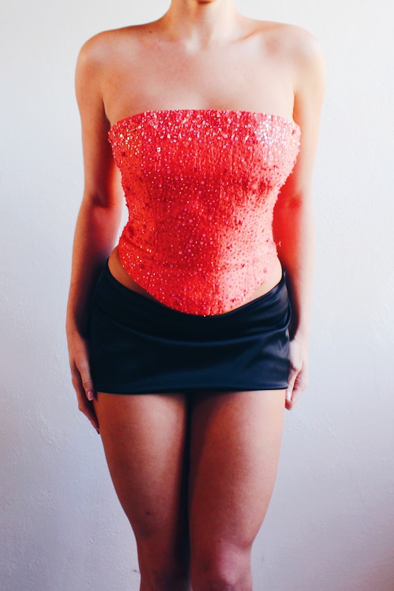 Y2K Glamour: Coral Beaded Lace-Up Formal Corset f… - image 3