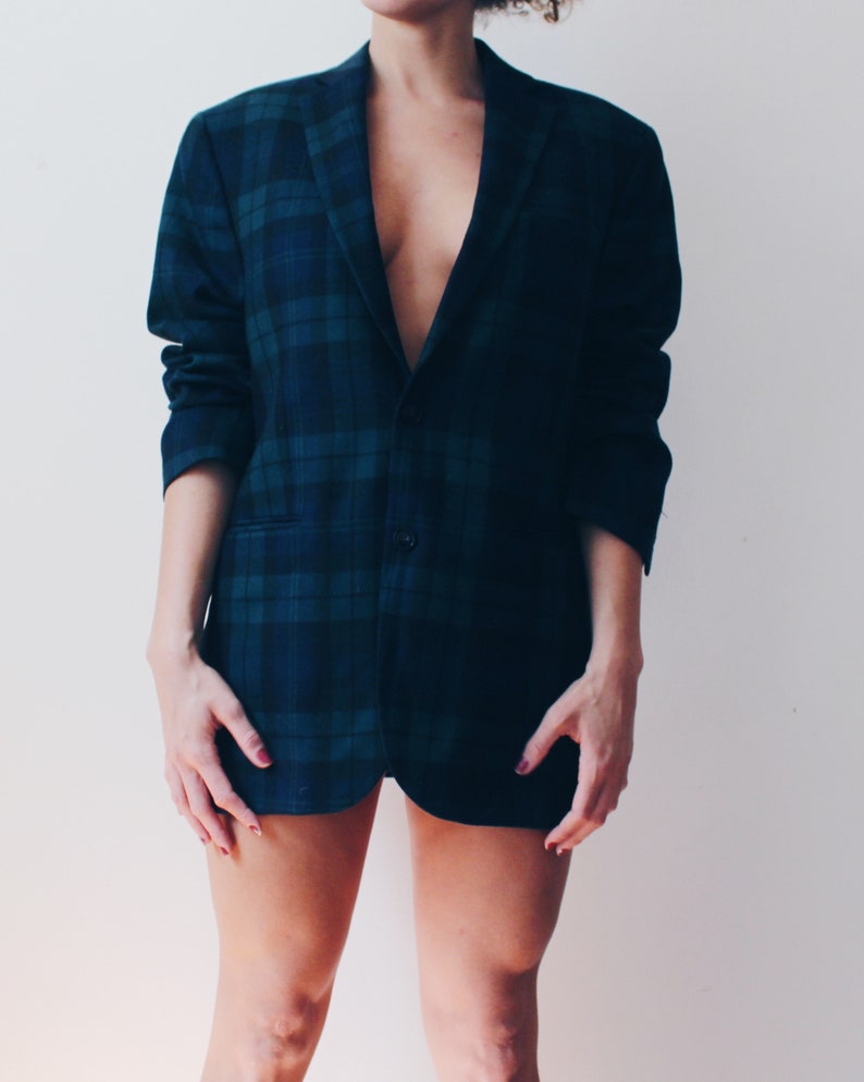Dark Green and Blue Plaid Blazer 70s Business Suit Jacket striped prep school coat