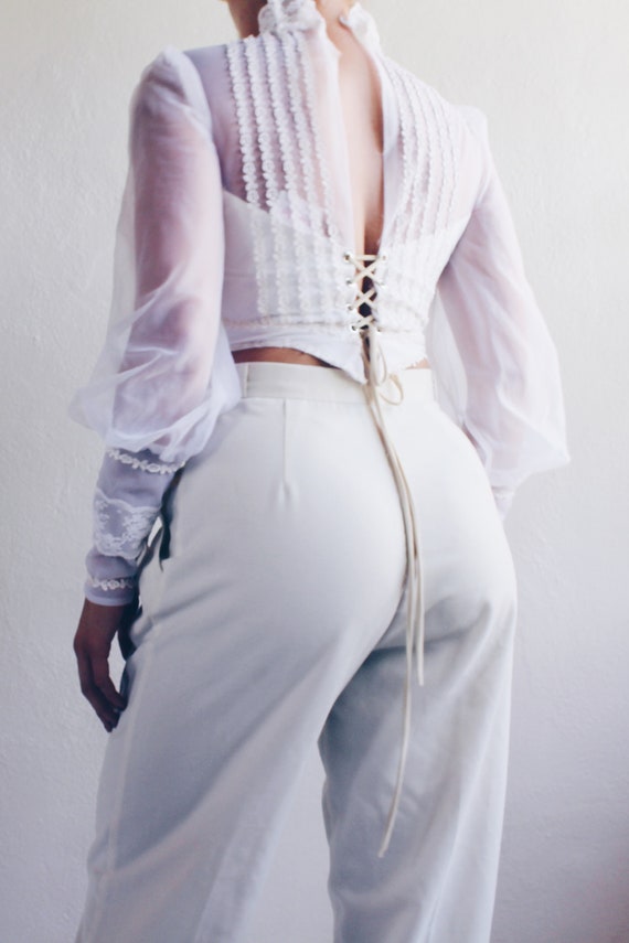 White cottagecore blouse / reworked lace up puff … - image 3