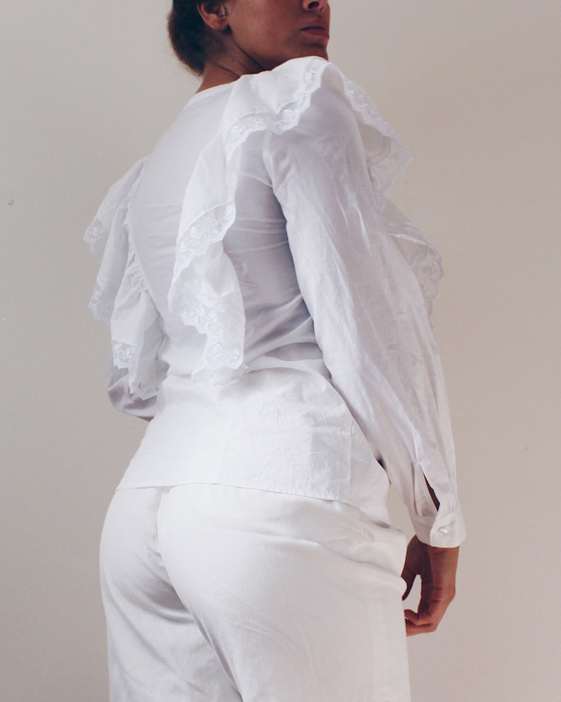 White Edwardian cotton blouse Victorian Bertha Collar Blouse Wide collar trim Edwardian Lace shirt