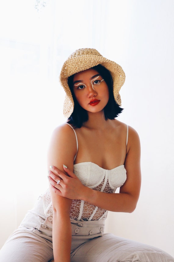 Floppy raffia hat /crochet straw summer brim 90s h