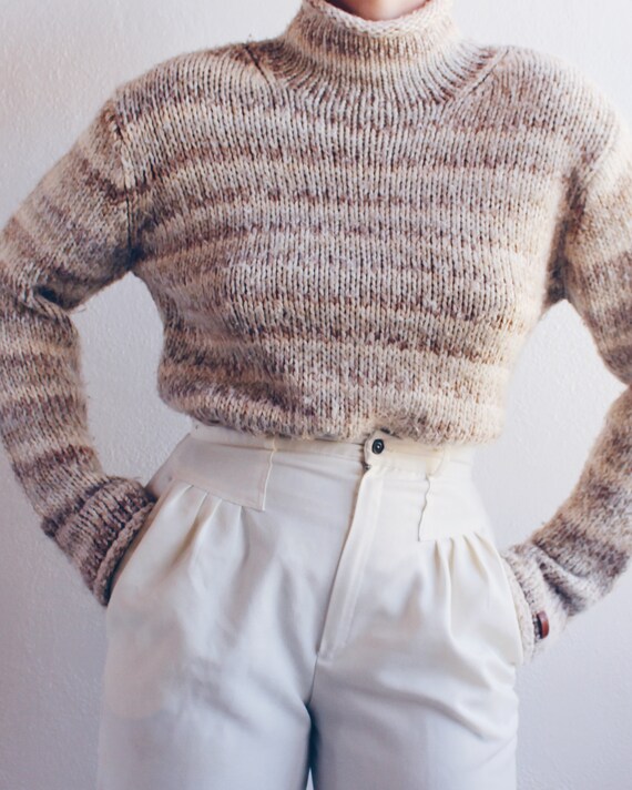 Striped Knit Wool Sweater / Beige Stripe Turtlene… - image 6
