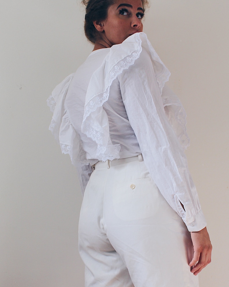 White Edwardian cotton blouse Victorian Bertha Collar Blouse Wide collar trim Edwardian Lace shirt