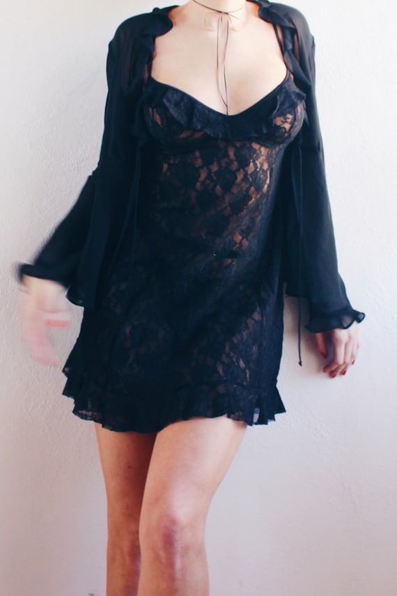 Seductive Black Lace Sheer Mini Dress with Ruffled