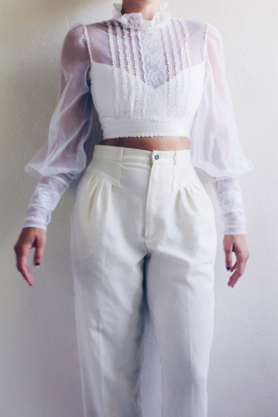 White cottagecore blouse / reworked lace up puff … - image 9