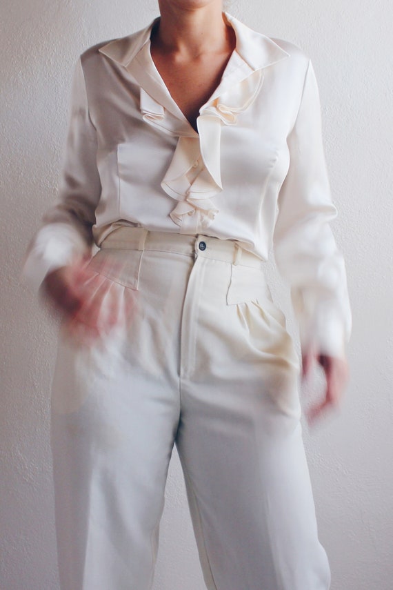 Cream Silk Ruffle 80s blouse / Ivory ruffled silk 