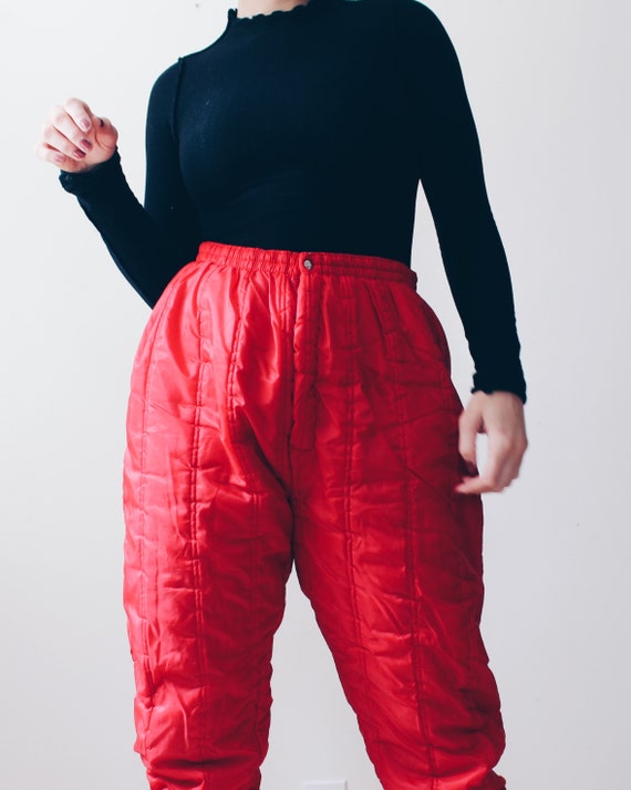 Red quilted pants / quilted nylon joggers / Medium