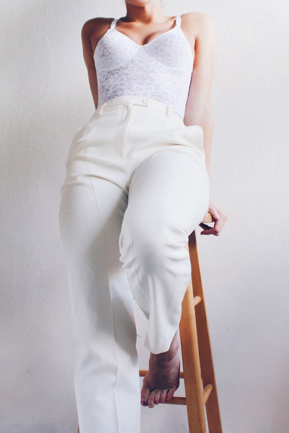 High Waisted Ivory Wool Pants / Androgynous pleate