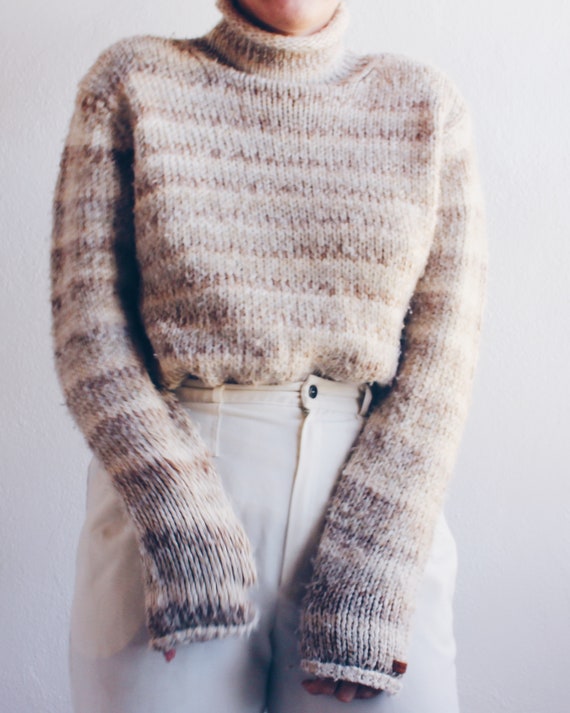 Striped Knit Wool Sweater / Beige Stripe Turtlene… - image 3